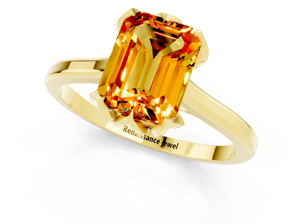 Yellow gold Emerald Cut Citrine Solitaire Ring with Flower Prong Setting and Classic Band