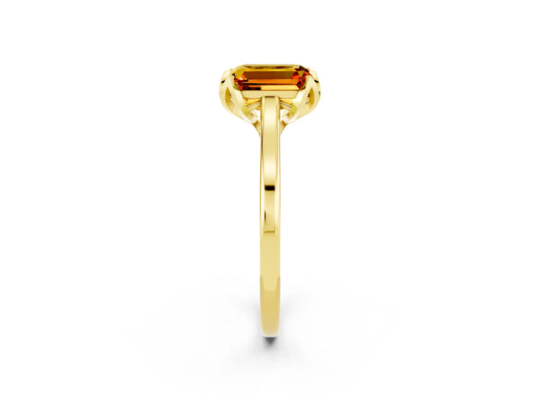 Yellow gold Emerald Cut Citrine Solitaire Ring with Flower Prong Setting and Classic Band