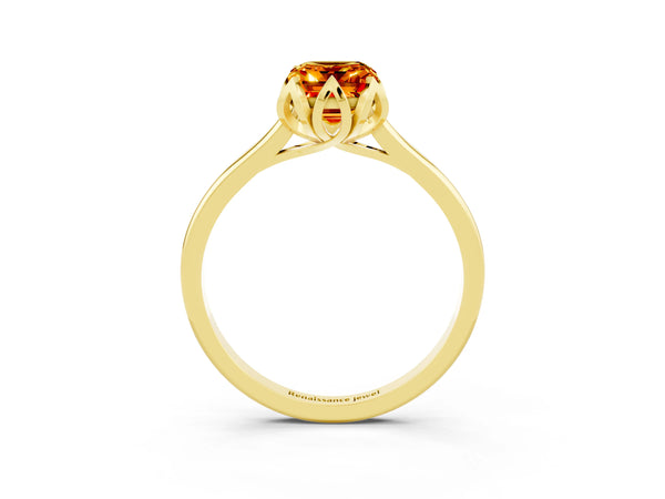 Yellow gold Emerald Cut Citrine Solitaire Ring with Flower Prong Setting and Classic Band