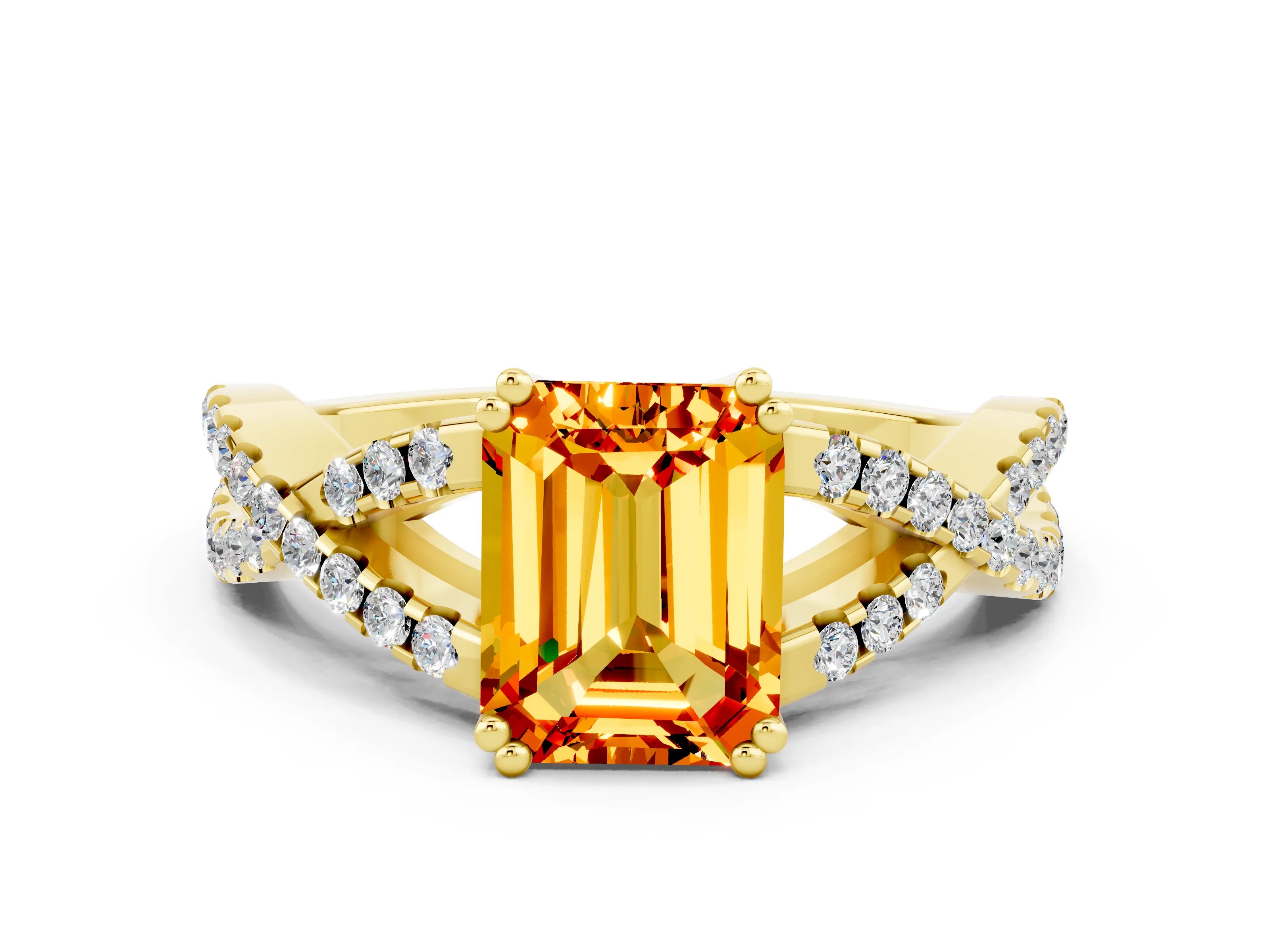 Yellow gold Emerald Cut Citrine Solitaire Ring with Four-Prong Setting and Twisted Pavé Band