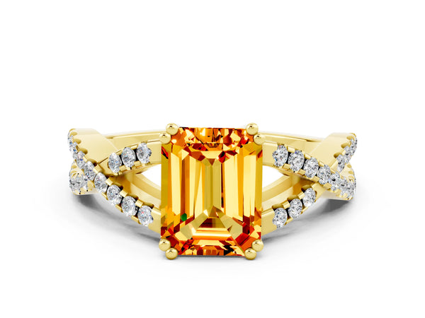 Yellow gold Emerald Cut Citrine Solitaire Ring with Four-Prong Setting and Twisted Pavé Band