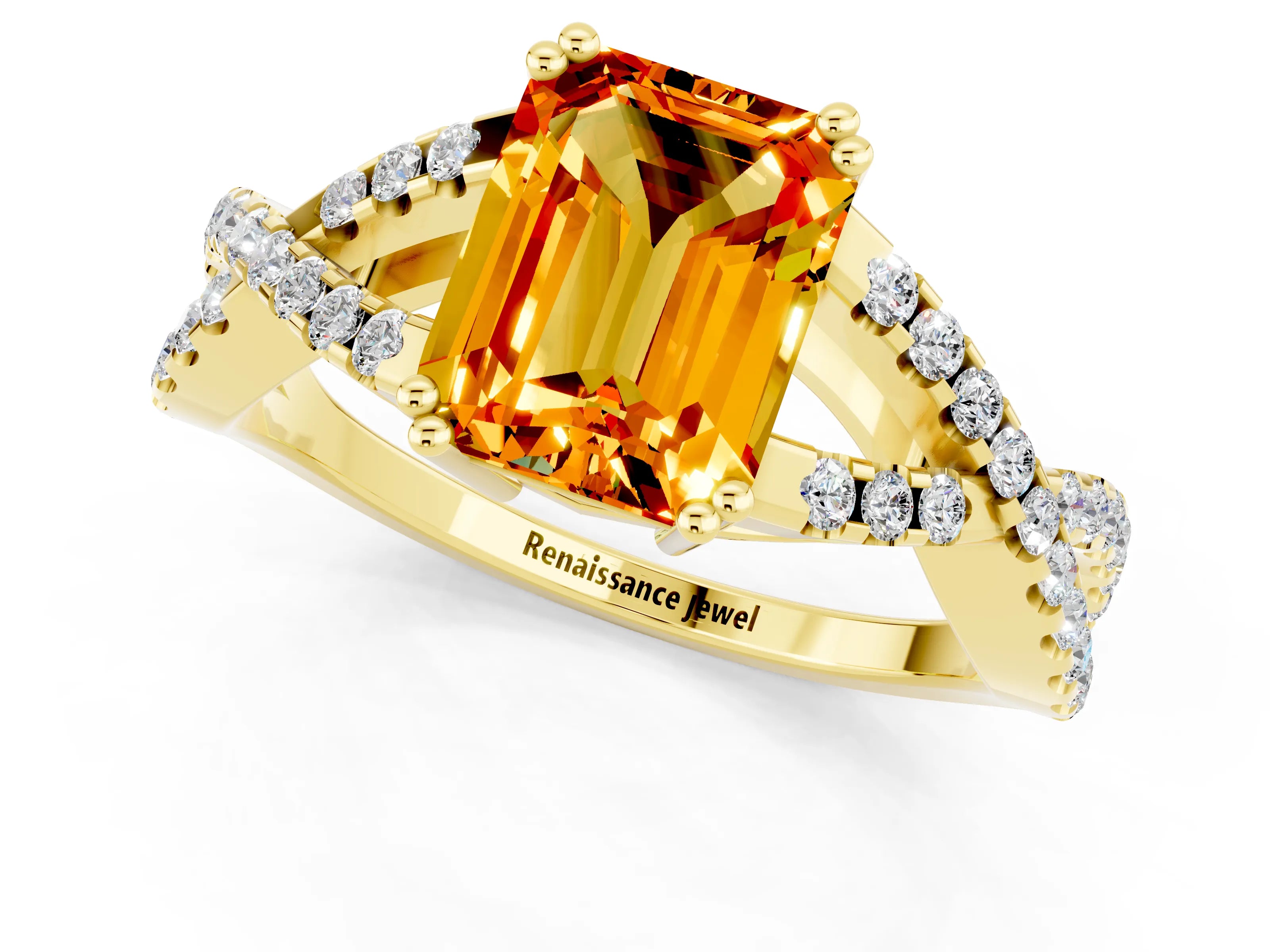 Yellow gold Emerald Cut Citrine Solitaire Ring with Four-Prong Setting and Twisted Pavé Band_1