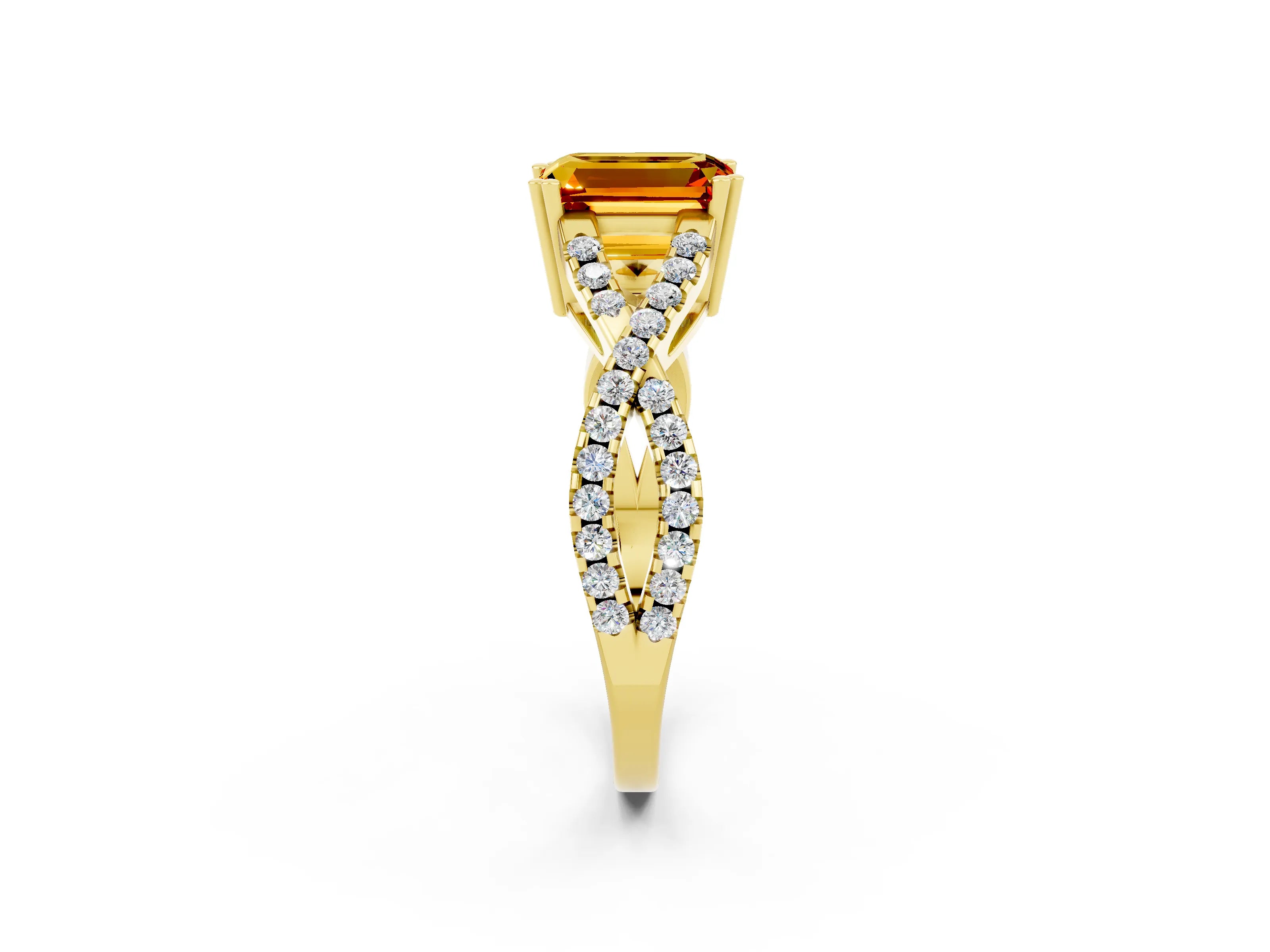 Yellow gold Emerald Cut Citrine Solitaire Ring with Four-Prong Setting and Twisted Pavé Band_2
