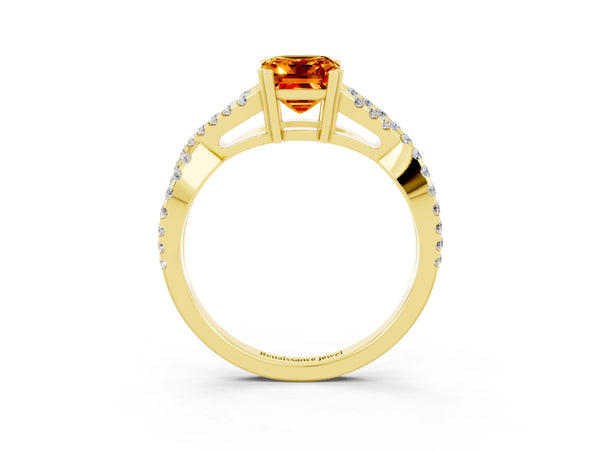 Yellow gold Emerald Cut Citrine Solitaire Ring with Four-Prong Setting and Twisted Pavé Band