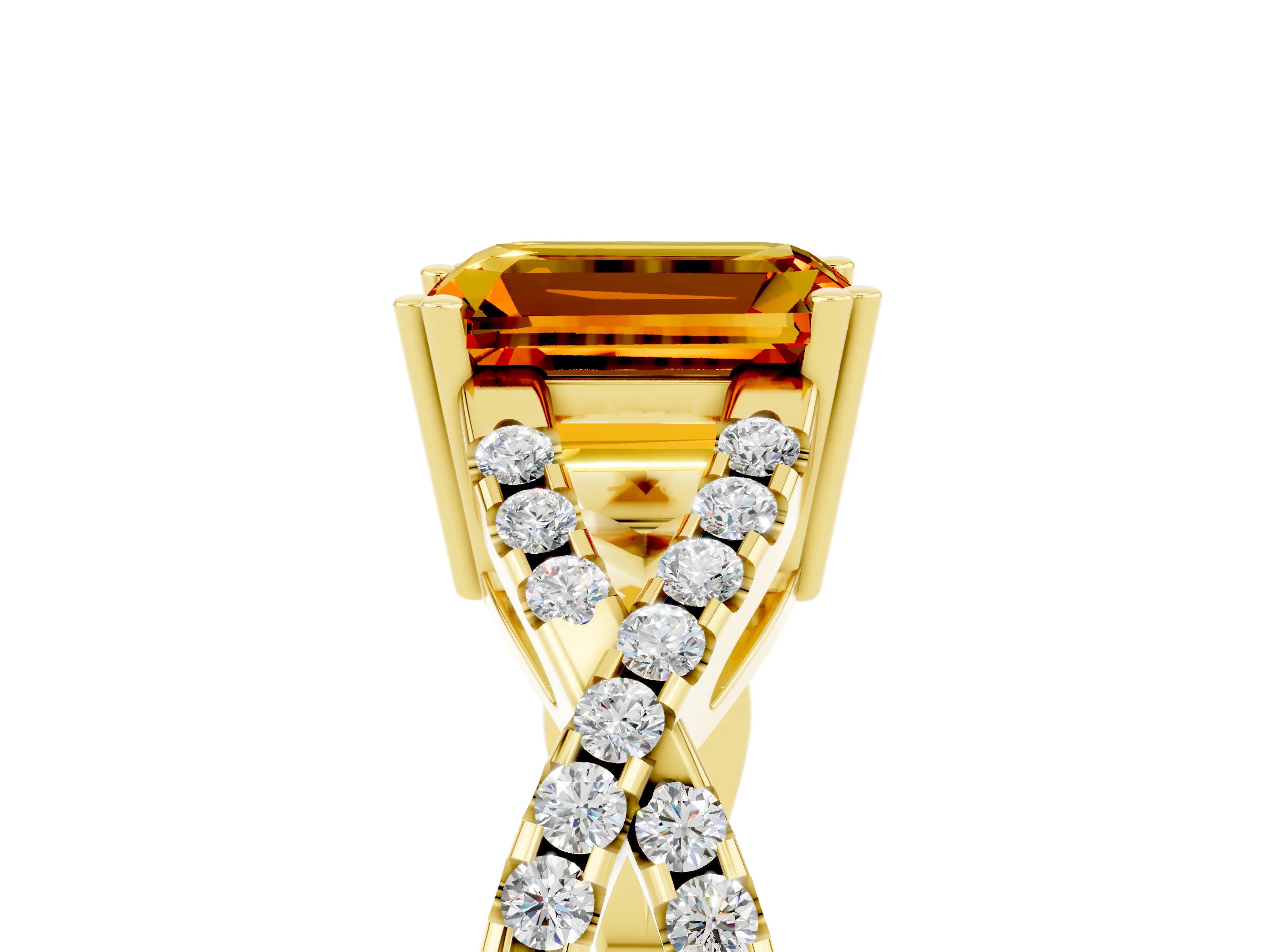 Yellow gold Emerald Cut Citrine Solitaire Ring with Four-Prong Setting and Twisted Pavé Band_5
