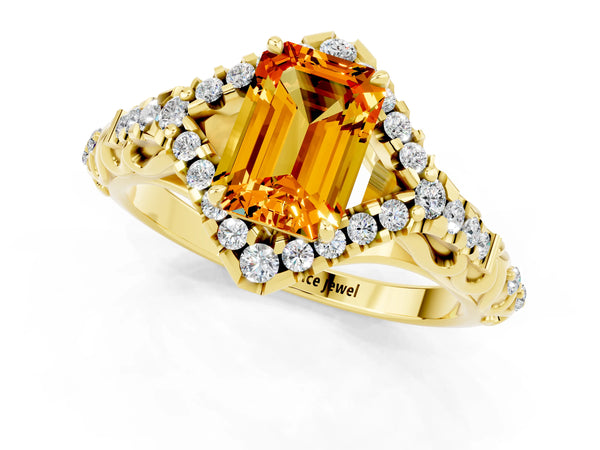 Yellow gold Emerald Cut Citrine Solitaire Ring with Hidden Halo and Pavé Band