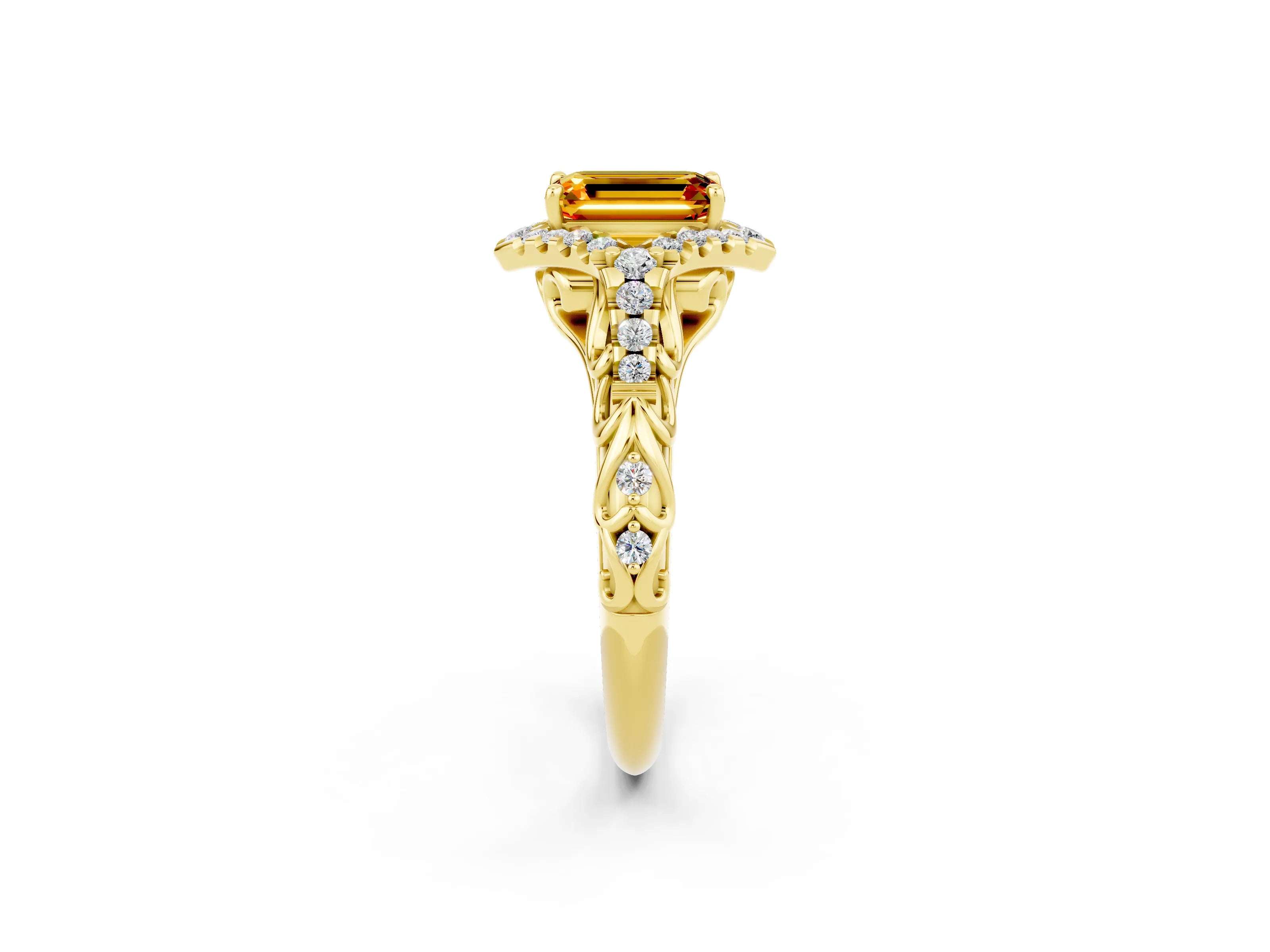 Yellow gold Emerald Cut Citrine Solitaire Ring with Hidden Halo and Pavé Band_14