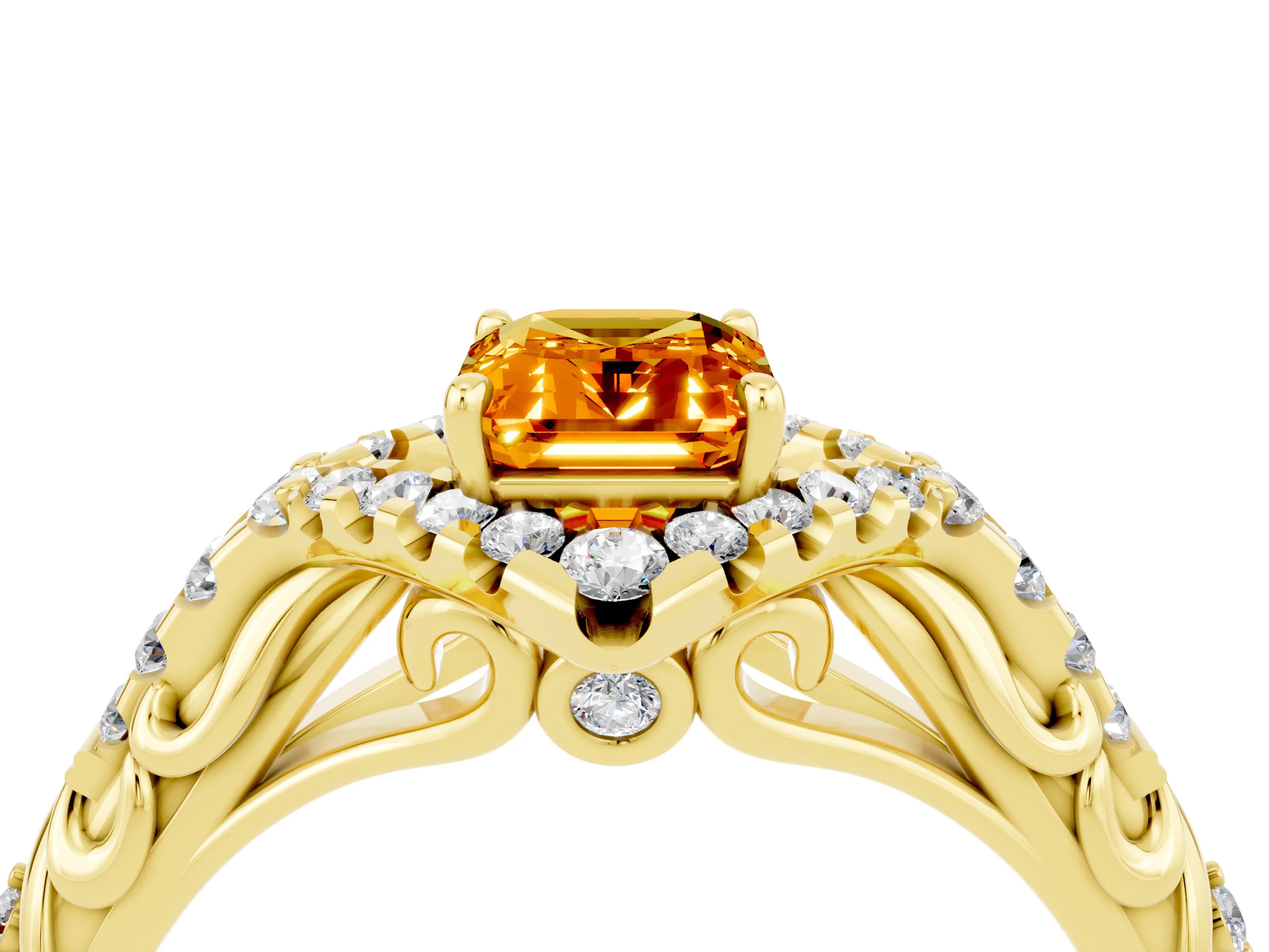 Yellow gold Emerald Cut Citrine Solitaire Ring with Hidden Halo and Pavé Band_16
