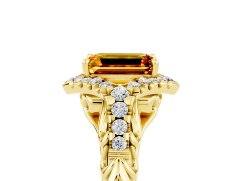 Yellow gold Emerald Cut Citrine Solitaire Ring with Hidden Halo and Pavé Band_17