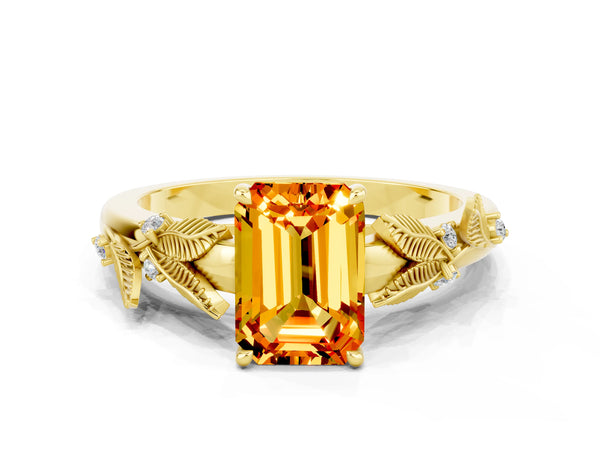 Yellow gold Emerald Cut Citrine Solitaire Ring with Leaf Motif Band and Four-Prong Setting
