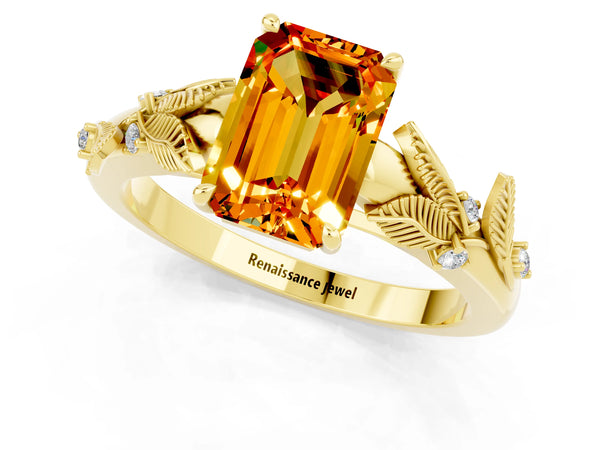 Yellow gold Emerald Cut Citrine Solitaire Ring with Leaf Motif Band and Four-Prong Setting