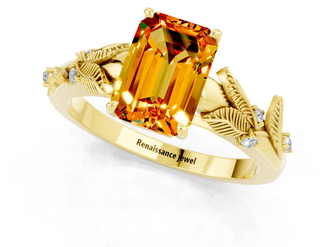 Yellow gold Emerald Cut Citrine Solitaire Ring with Leaf Motif Band and Four-Prong Setting_1