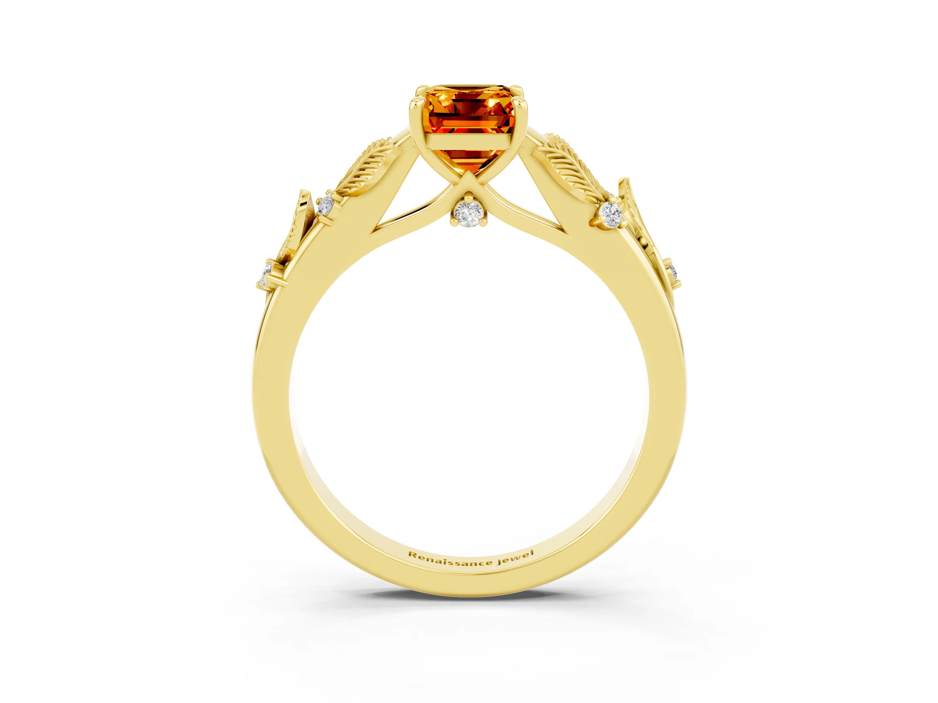 Yellow gold Emerald Cut Citrine Solitaire Ring with Leaf Motif Band and Four-Prong Setting_3