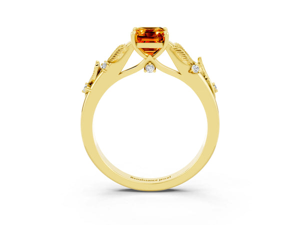 Yellow gold Emerald Cut Citrine Solitaire Ring with Leaf Motif Band and Four-Prong Setting