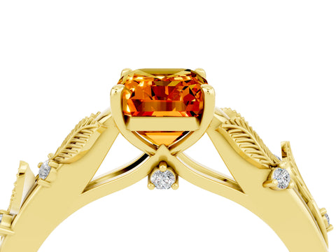Yellow gold Emerald Cut Citrine Solitaire Ring with Leaf Motif Band and Four-Prong Setting_4