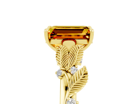 Yellow gold Emerald Cut Citrine Solitaire Ring with Leaf Motif Band and Four-Prong Setting_5