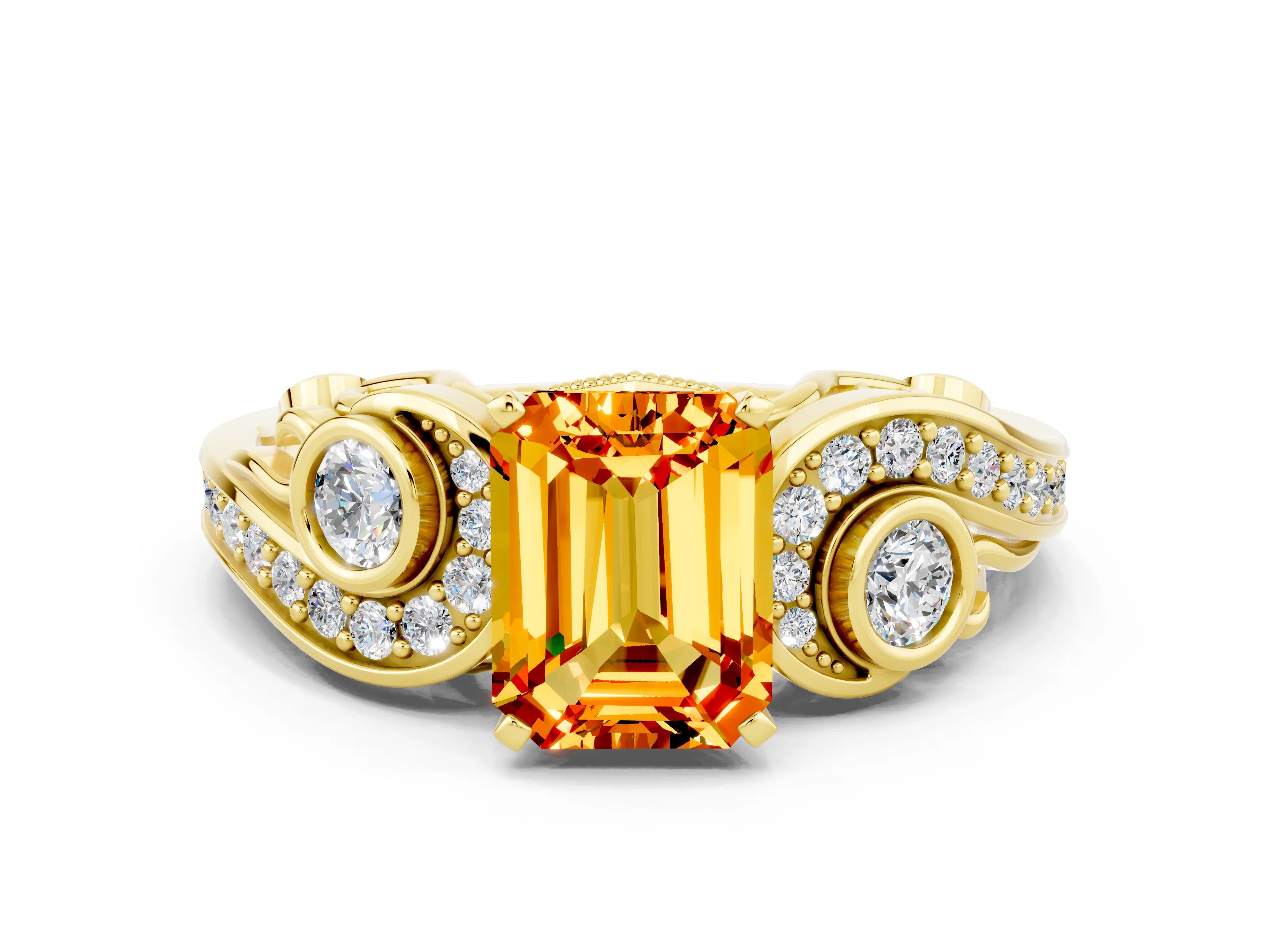 Yellow gold Emerald Cut Citrine Solitaire Ring with Milgrain Pavé Band and Four-Prong Setting_24