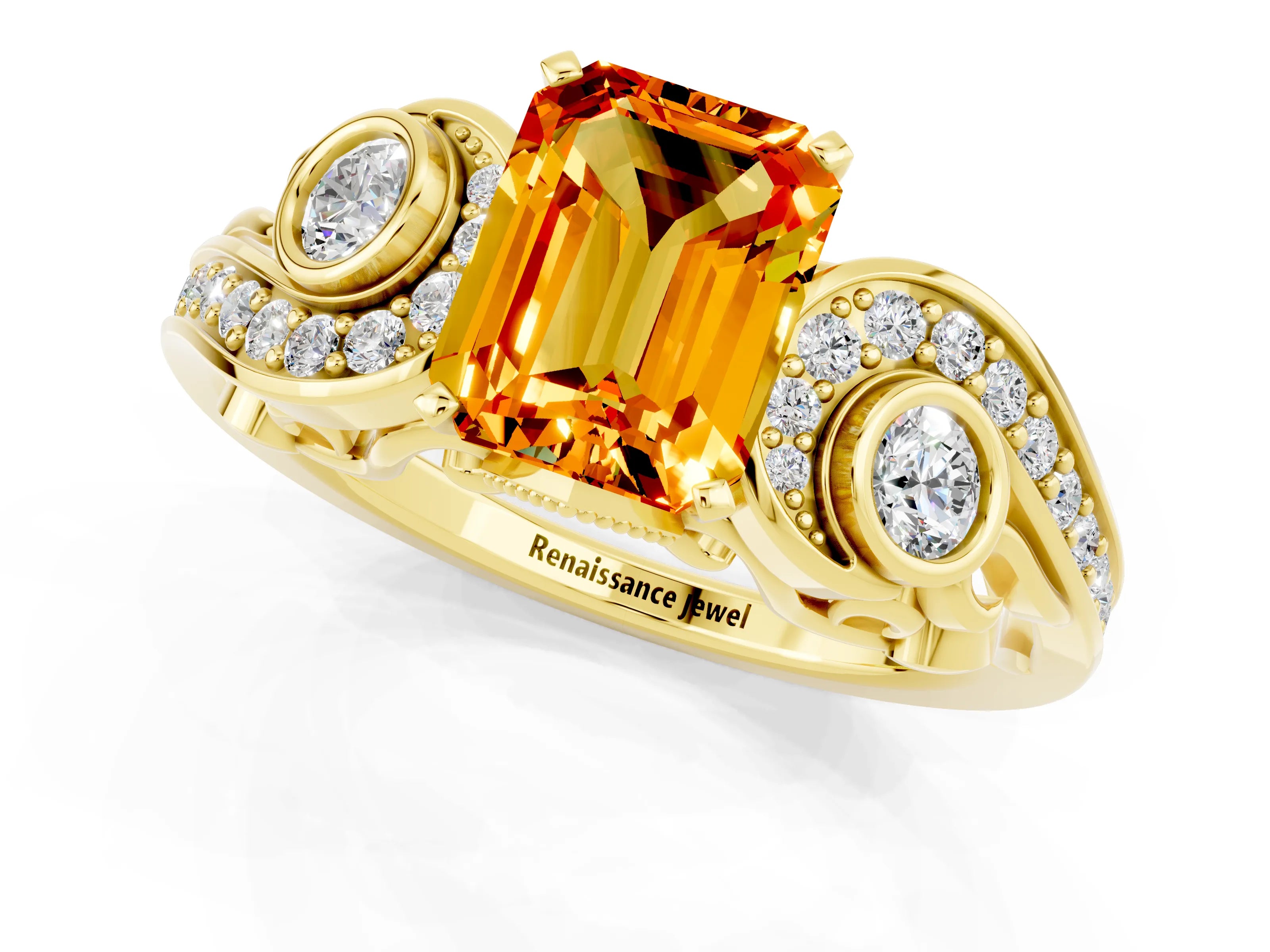 Yellow gold Emerald Cut Citrine Solitaire Ring with Milgrain Pavé Band and Four-Prong Setting_25