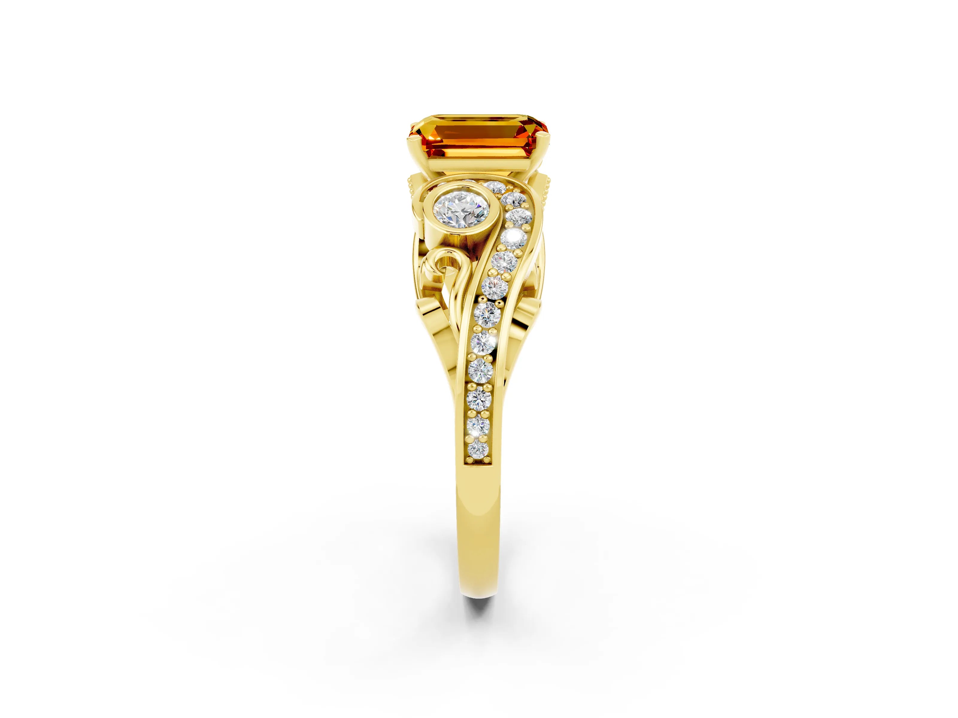 Yellow gold Emerald Cut Citrine Solitaire Ring with Milgrain Pavé Band and Four-Prong Setting_26