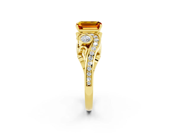 Yellow gold Emerald Cut Citrine Solitaire Ring with Milgrain Pavé Band and Four-Prong Setting
