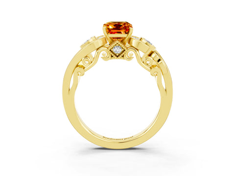 Yellow gold Emerald Cut Citrine Solitaire Ring with Milgrain Pavé Band and Four-Prong Setting_27