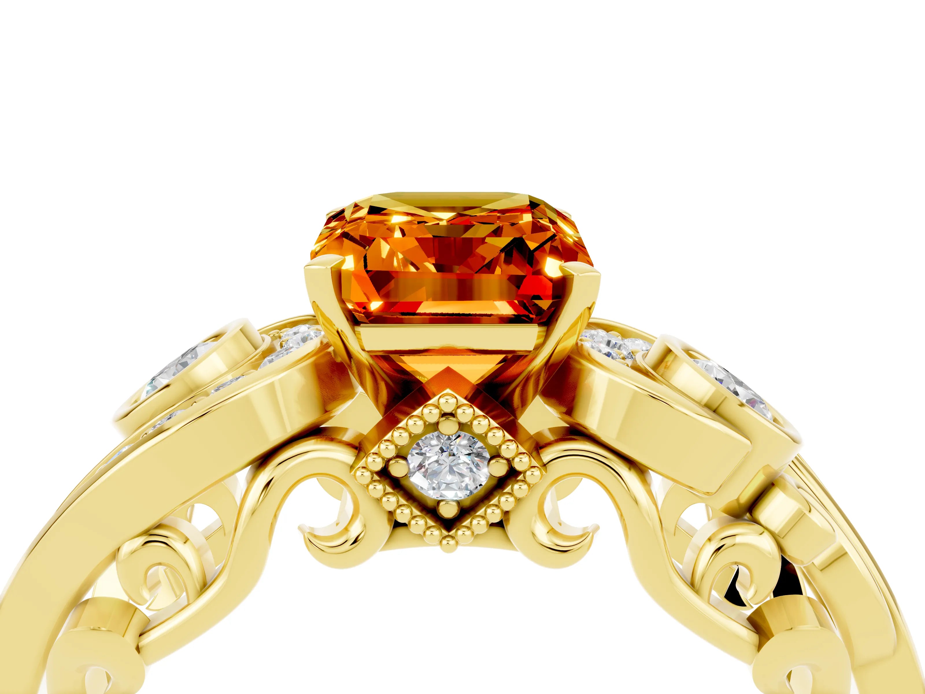 Yellow gold Emerald Cut Citrine Solitaire Ring with Milgrain Pavé Band and Four-Prong Setting_28