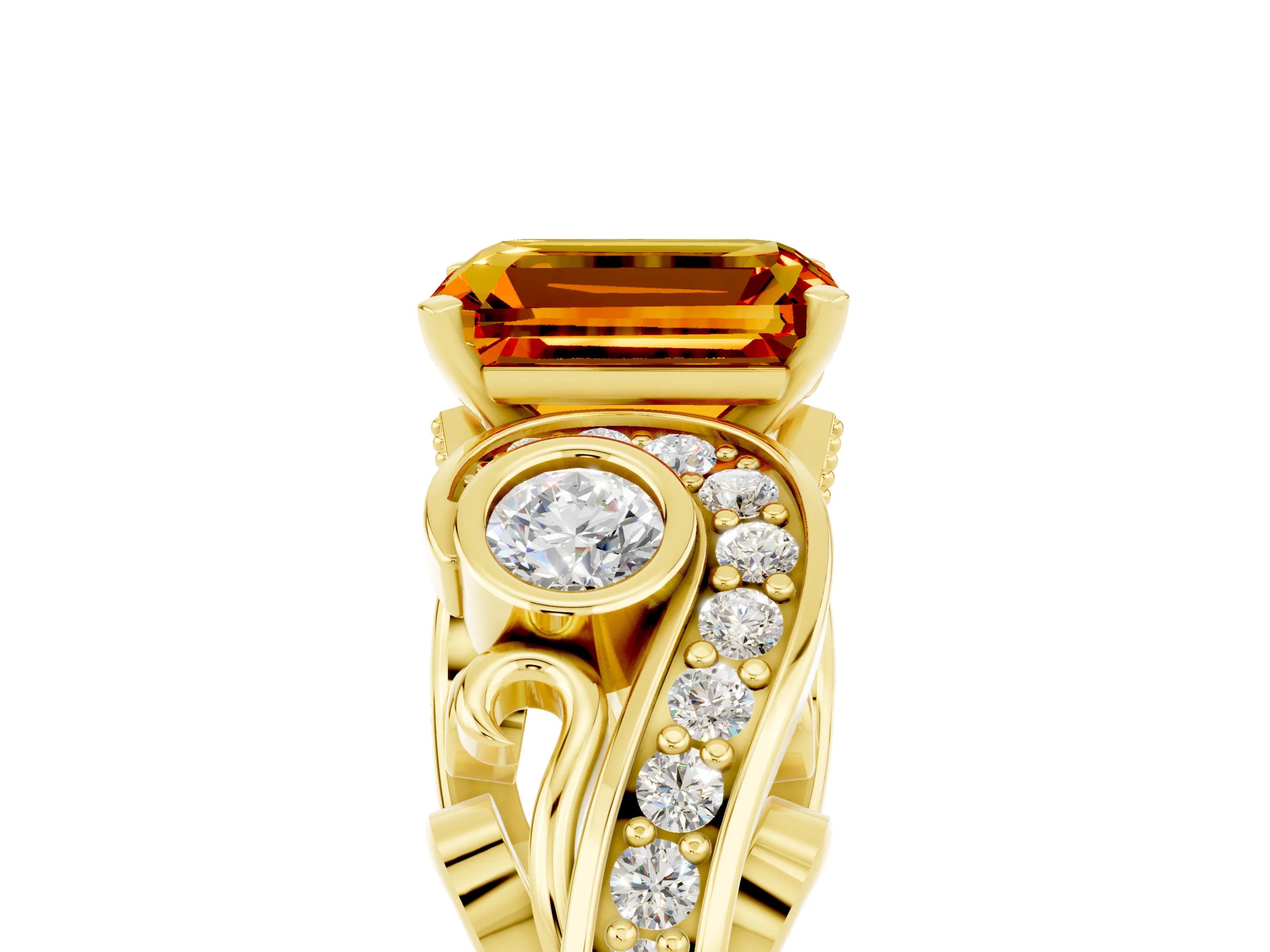 Yellow gold Emerald Cut Citrine Solitaire Ring with Milgrain Pavé Band and Four-Prong Setting_29