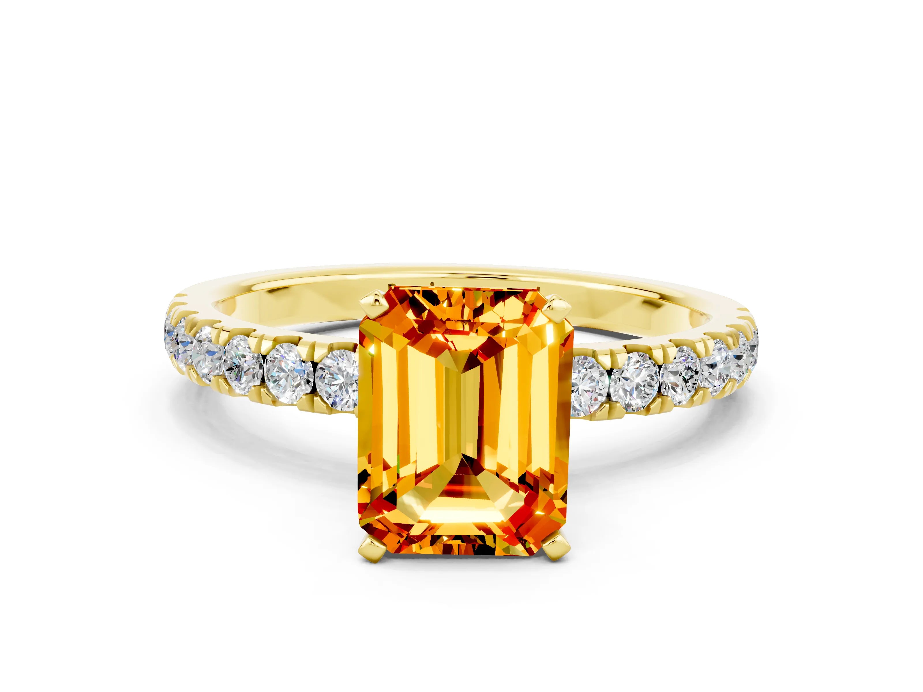 Yellow gold Emerald Cut Citrine Solitaire Ring with Pavé Accents and Four-Prong Setting