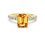 Yellow gold Emerald Cut Citrine Solitaire Ring with Pavé Accents and Four-Prong Setting