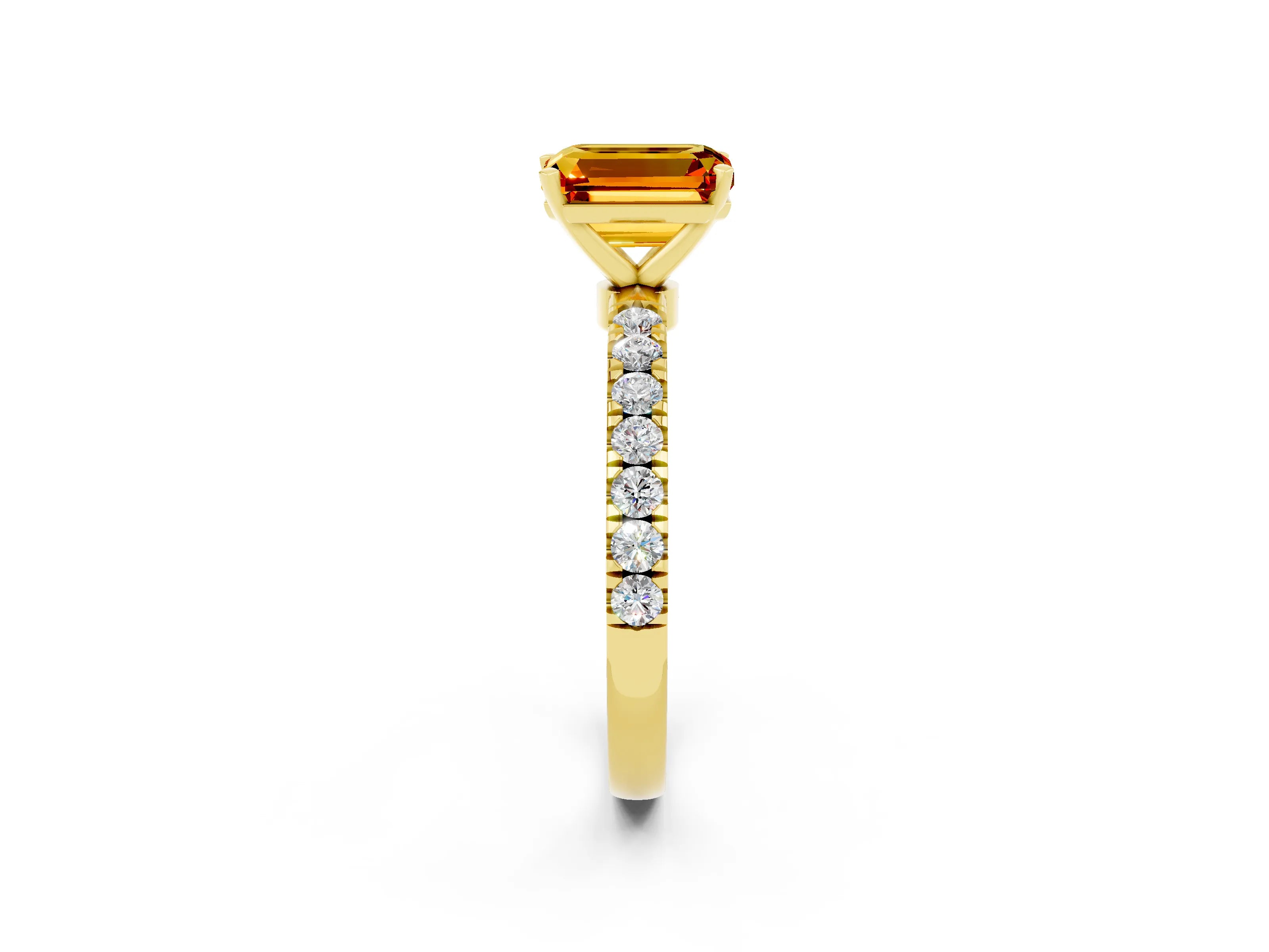 Yellow gold Emerald Cut Citrine Solitaire Ring with Pavé Accents and Four-Prong Setting_2