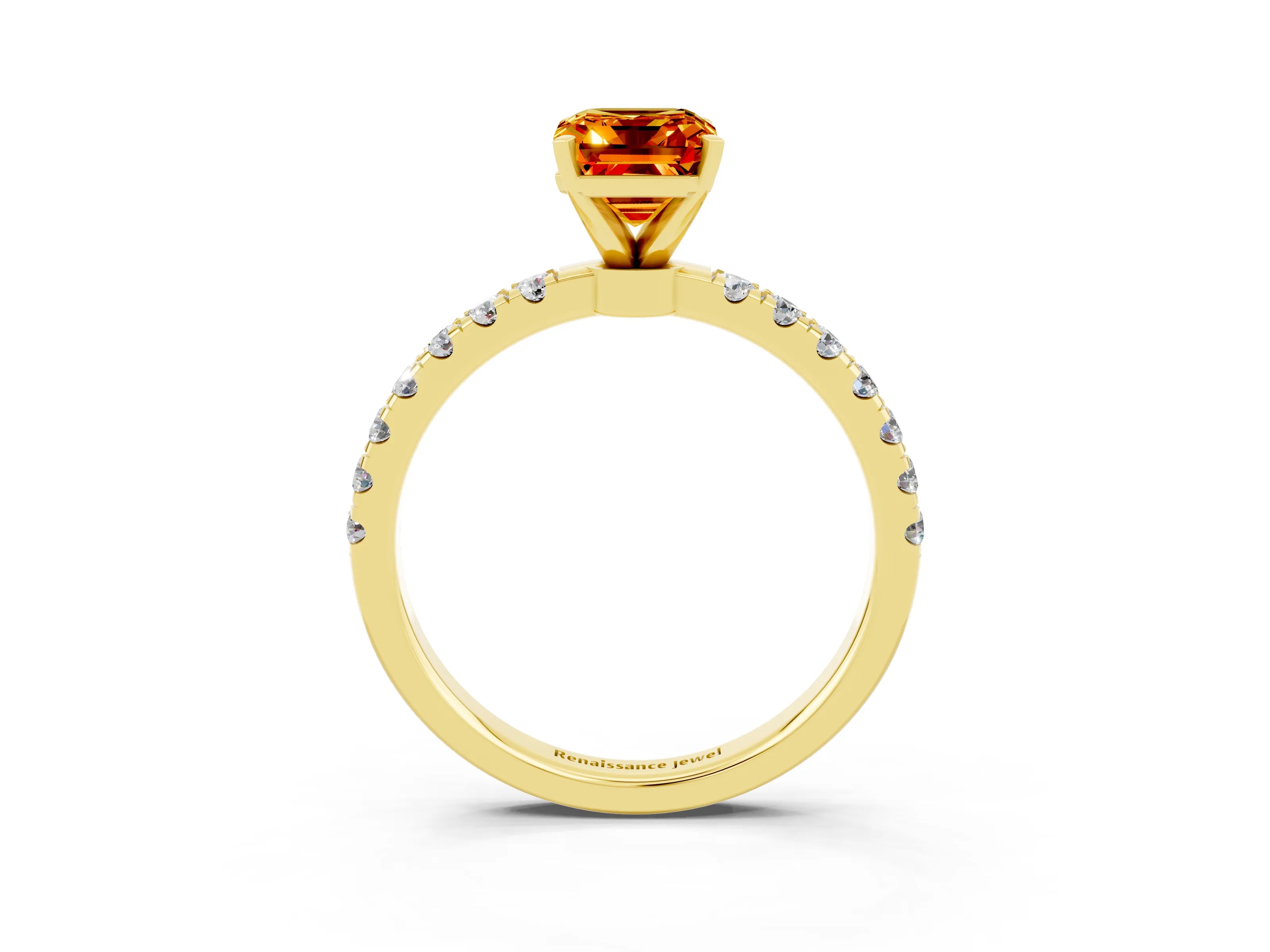 Yellow gold Emerald Cut Citrine Solitaire Ring with Pavé Accents and Four-Prong Setting_3