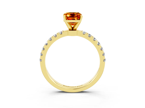 Yellow gold Emerald Cut Citrine Solitaire Ring with Pavé Accents and Four-Prong Setting