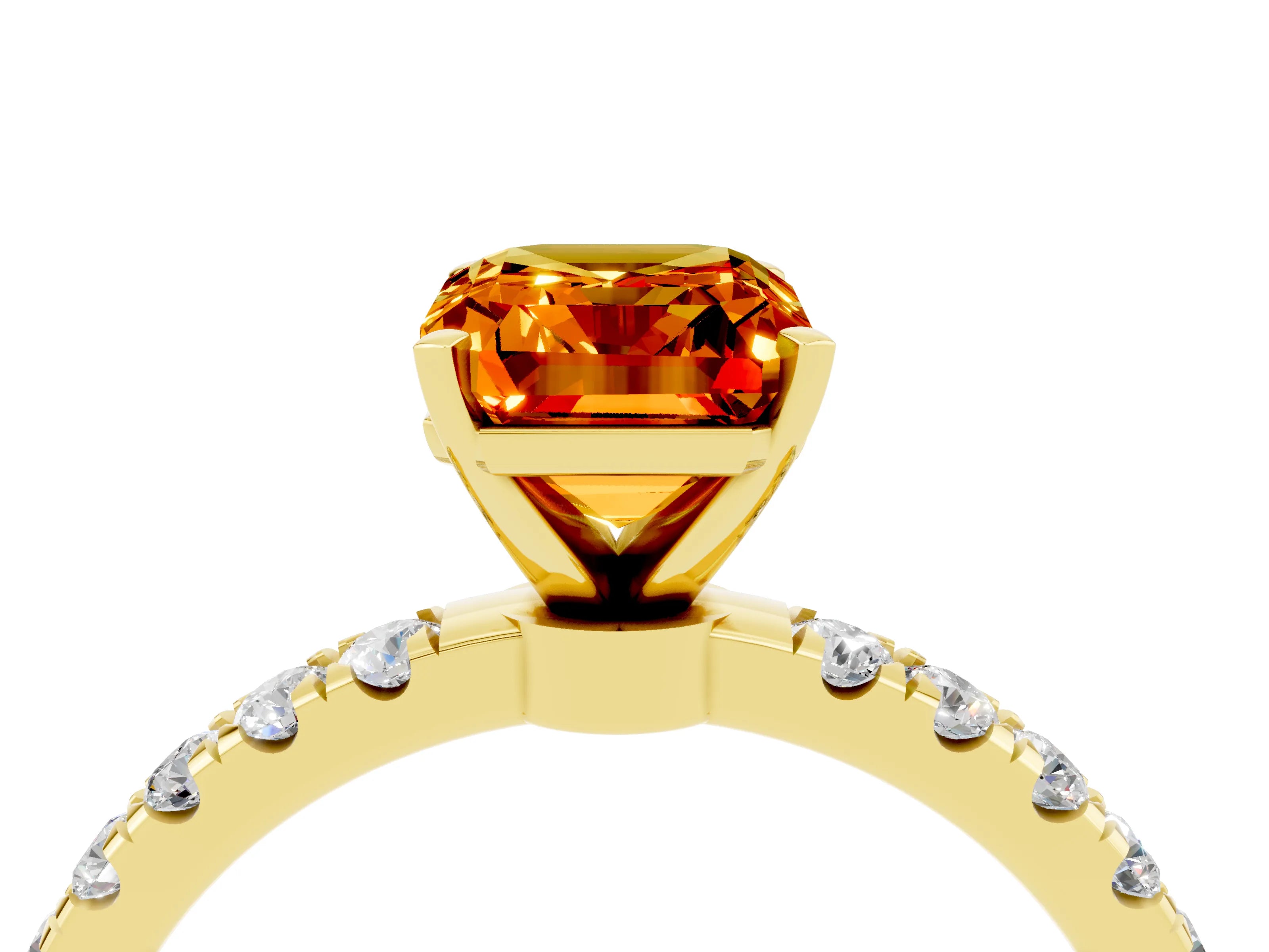 Yellow gold Emerald Cut Citrine Solitaire Ring with Pavé Accents and Four-Prong Setting_4