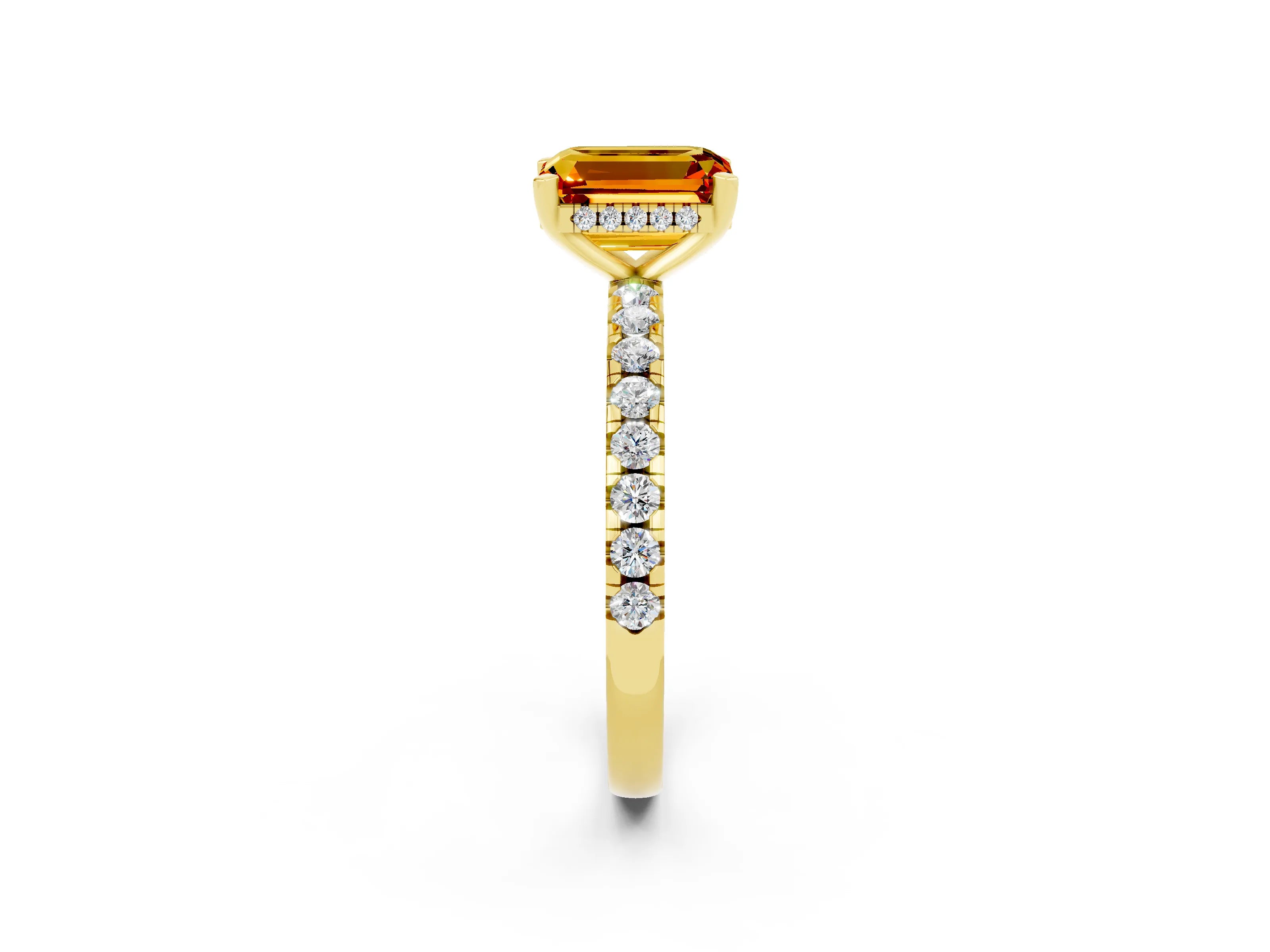 Yellow gold Emerald Cut Citrine Solitaire Ring with Pavé Band and Four-Prong Setting_26