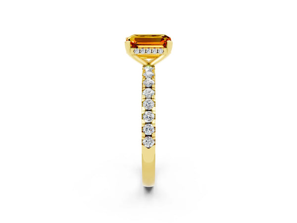 Yellow gold Emerald Cut Citrine Solitaire Ring with Round  Pavé Band and Four-Prong Setting