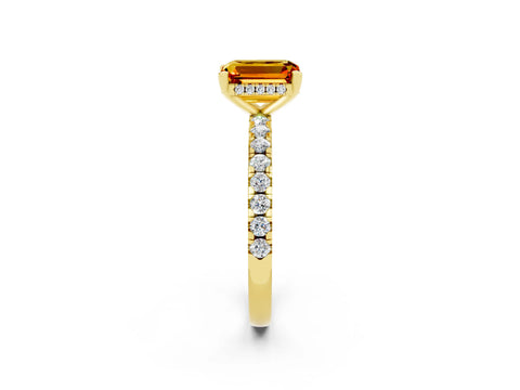 Yellow gold Emerald Cut Citrine Solitaire Ring with Pavé Band and Four-Prong Setting_26