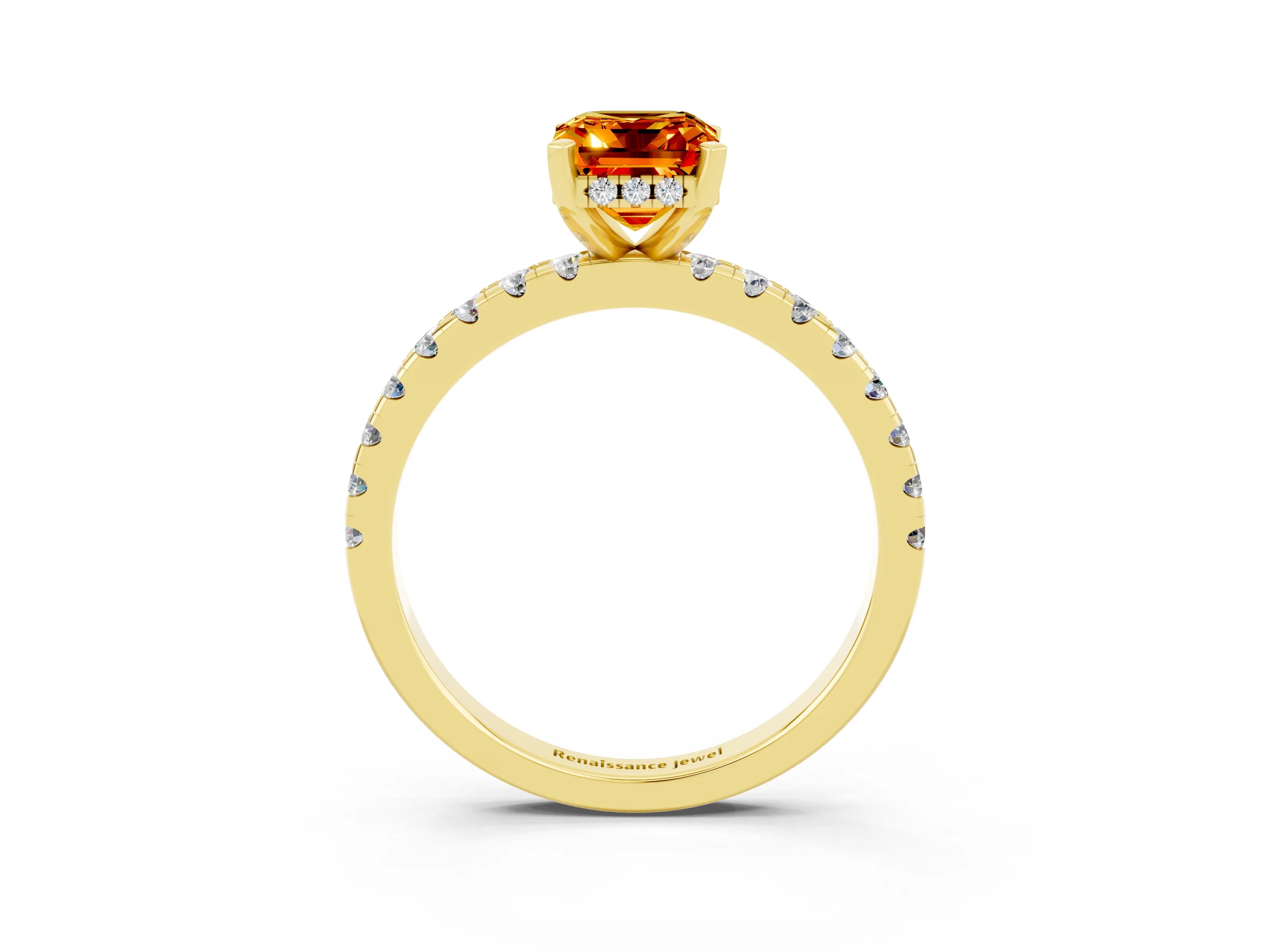 Yellow gold Emerald Cut Citrine Solitaire Ring with Pavé Band and Four-Prong Setting_27