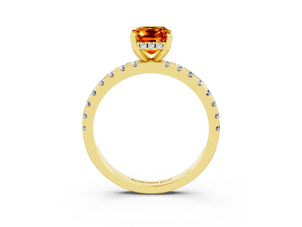 Yellow gold Emerald Cut Citrine Solitaire Ring with Round  Pavé Band and Four-Prong Setting