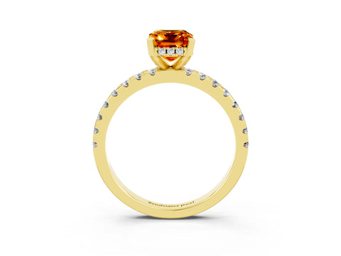 Yellow gold Emerald Cut Citrine Solitaire Ring with Pavé Band and Four-Prong Setting_27