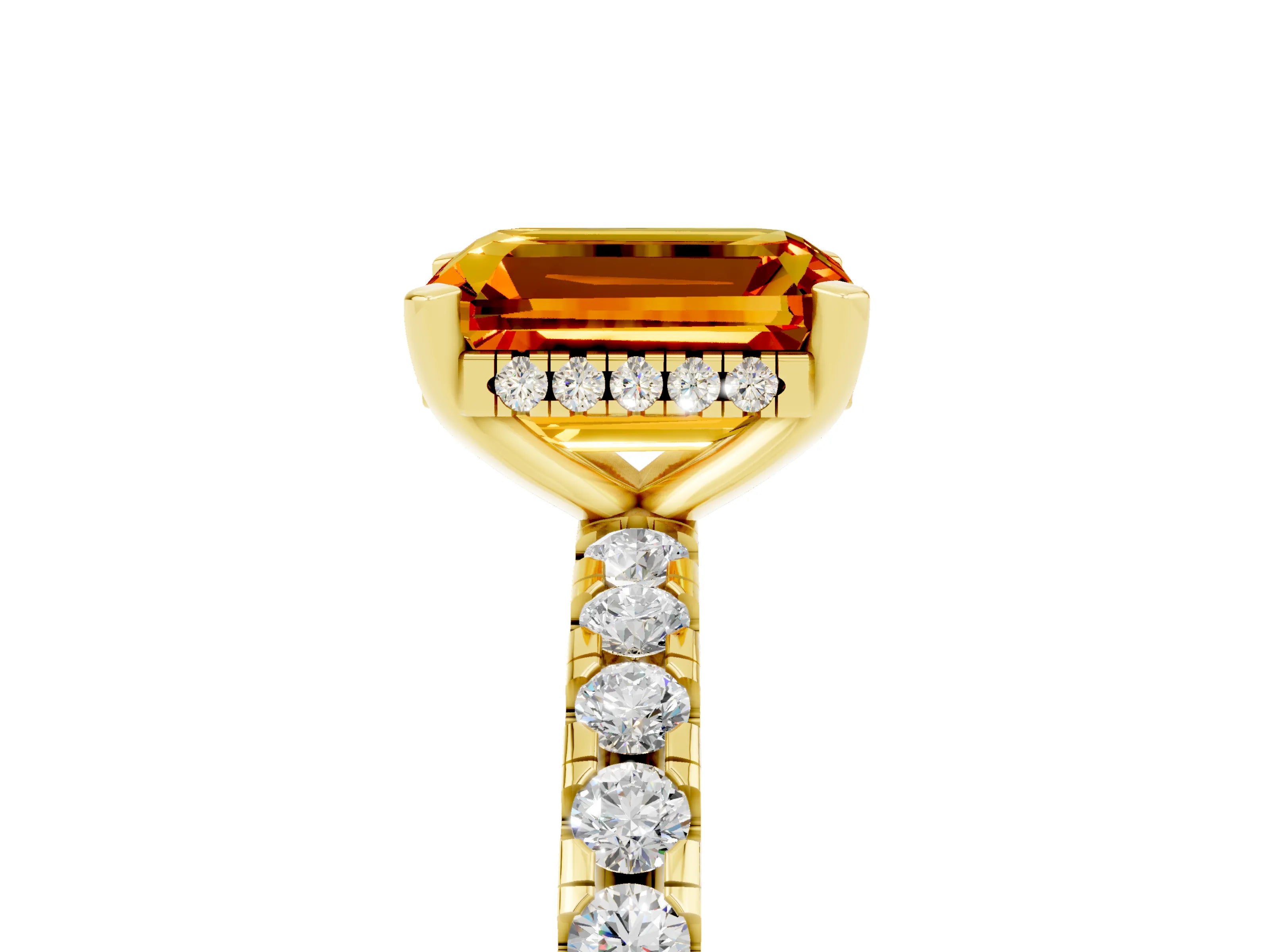 Yellow gold Emerald Cut Citrine Solitaire Ring with Pavé Band and Four-Prong Setting_29