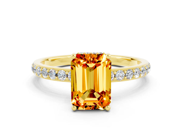 Yellow gold Emerald Cut Citrine Solitaire Ring with Pavé Band and Hidden Halo