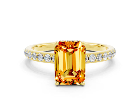 Yellow gold Emerald Cut Citrine Solitaire Ring with Pavé Band and Hidden Halo_12