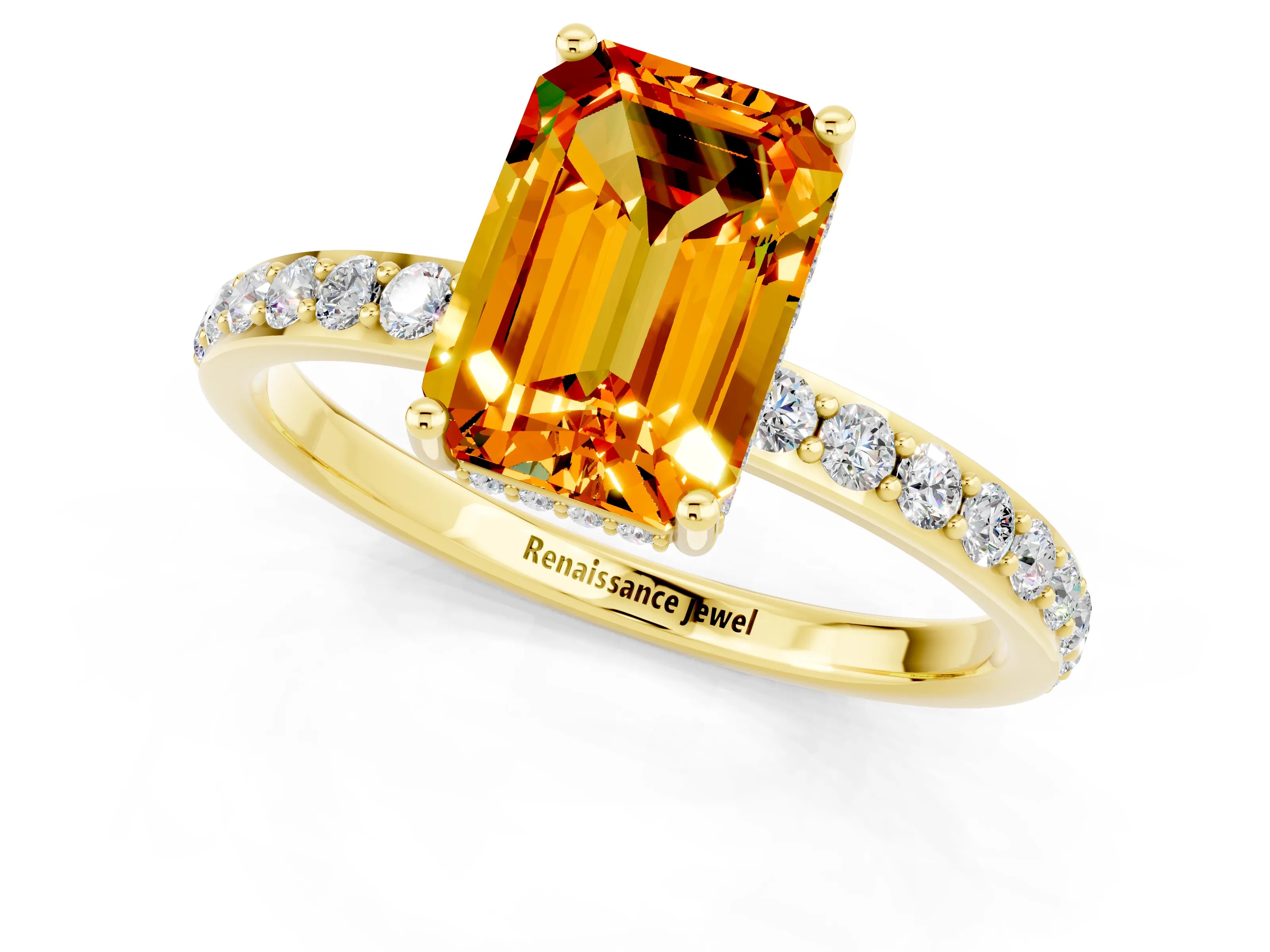 Yellow gold Emerald Cut Citrine Solitaire Ring with Pavé Band and Hidden Halo_13
