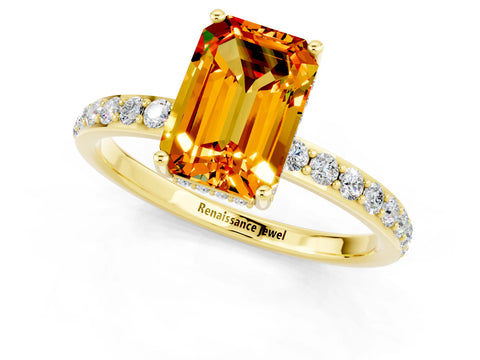 Yellow gold Emerald Cut Citrine Solitaire Ring with Pavé Band and Hidden Halo_13
