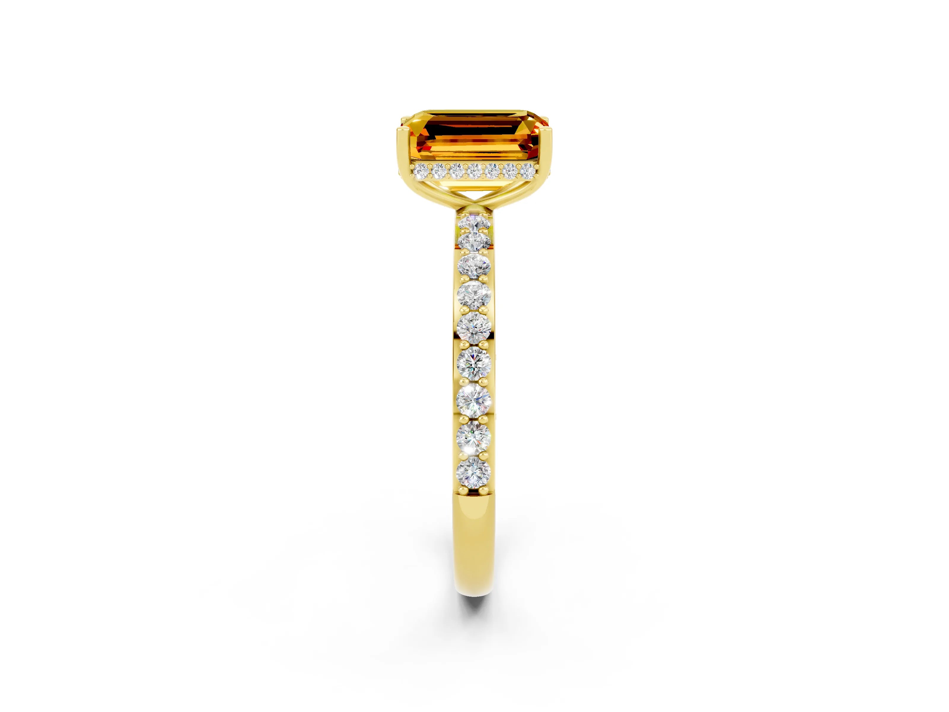 Yellow gold Emerald Cut Citrine Solitaire Ring with Pavé Band and Hidden Halo_14