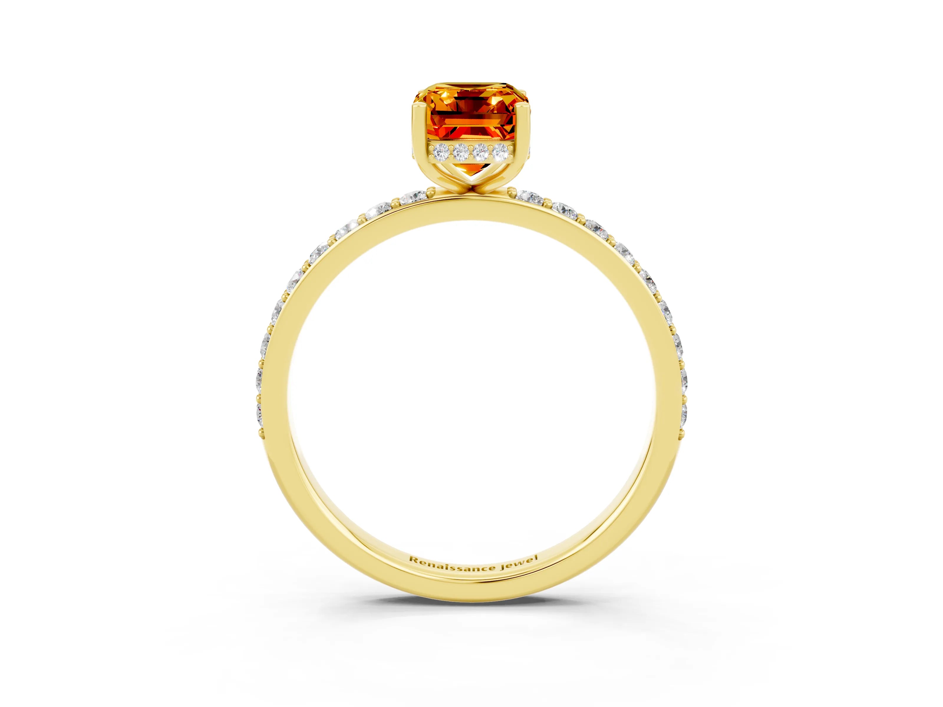 Yellow gold Emerald Cut Citrine Solitaire Ring with Pavé Band and Hidden Halo_15