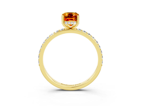 Yellow gold Emerald Cut Citrine Solitaire Ring with Pavé Band and Hidden Halo