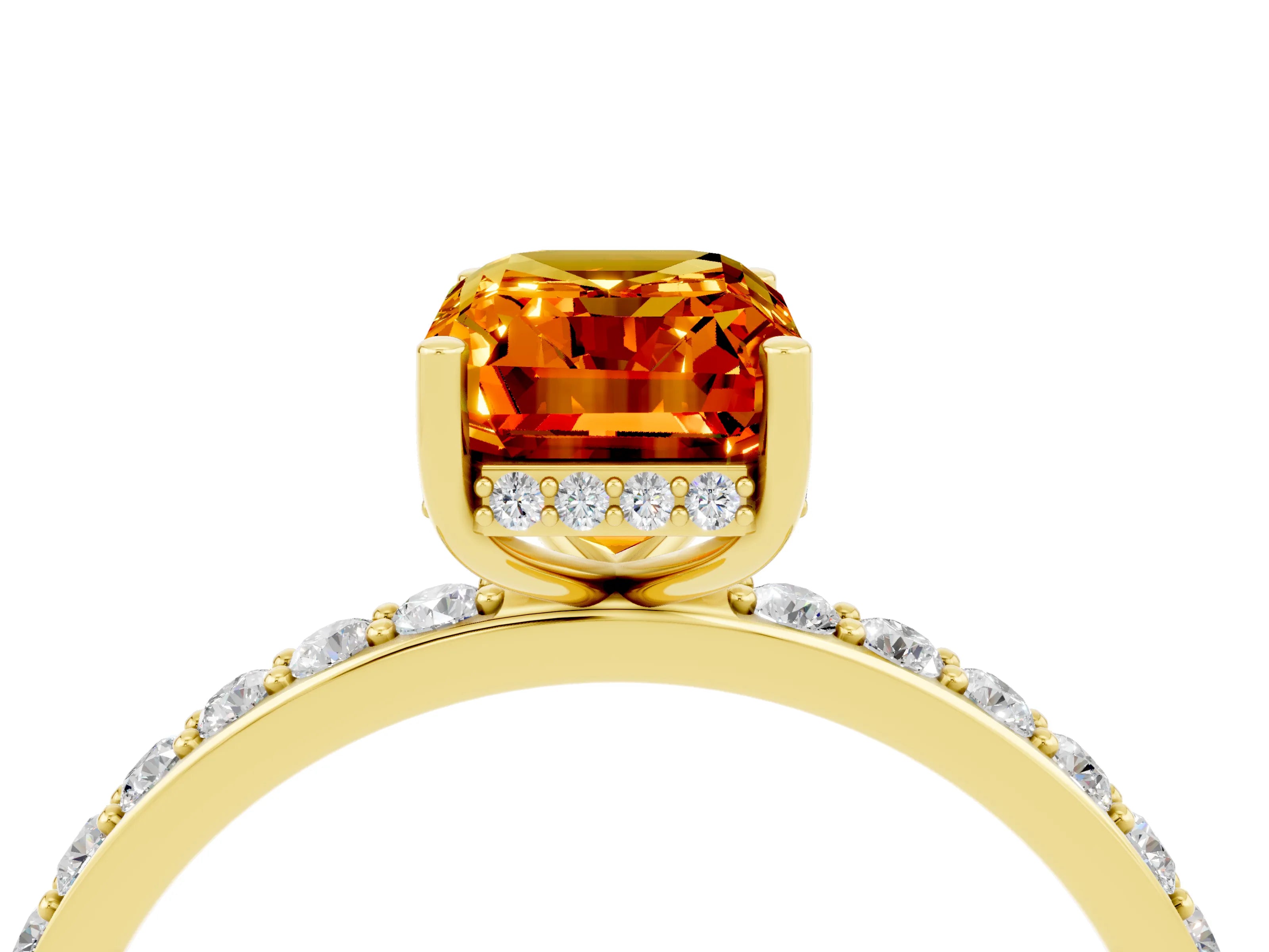Yellow gold Emerald Cut Citrine Solitaire Ring with Pavé Band and Hidden Halo_16