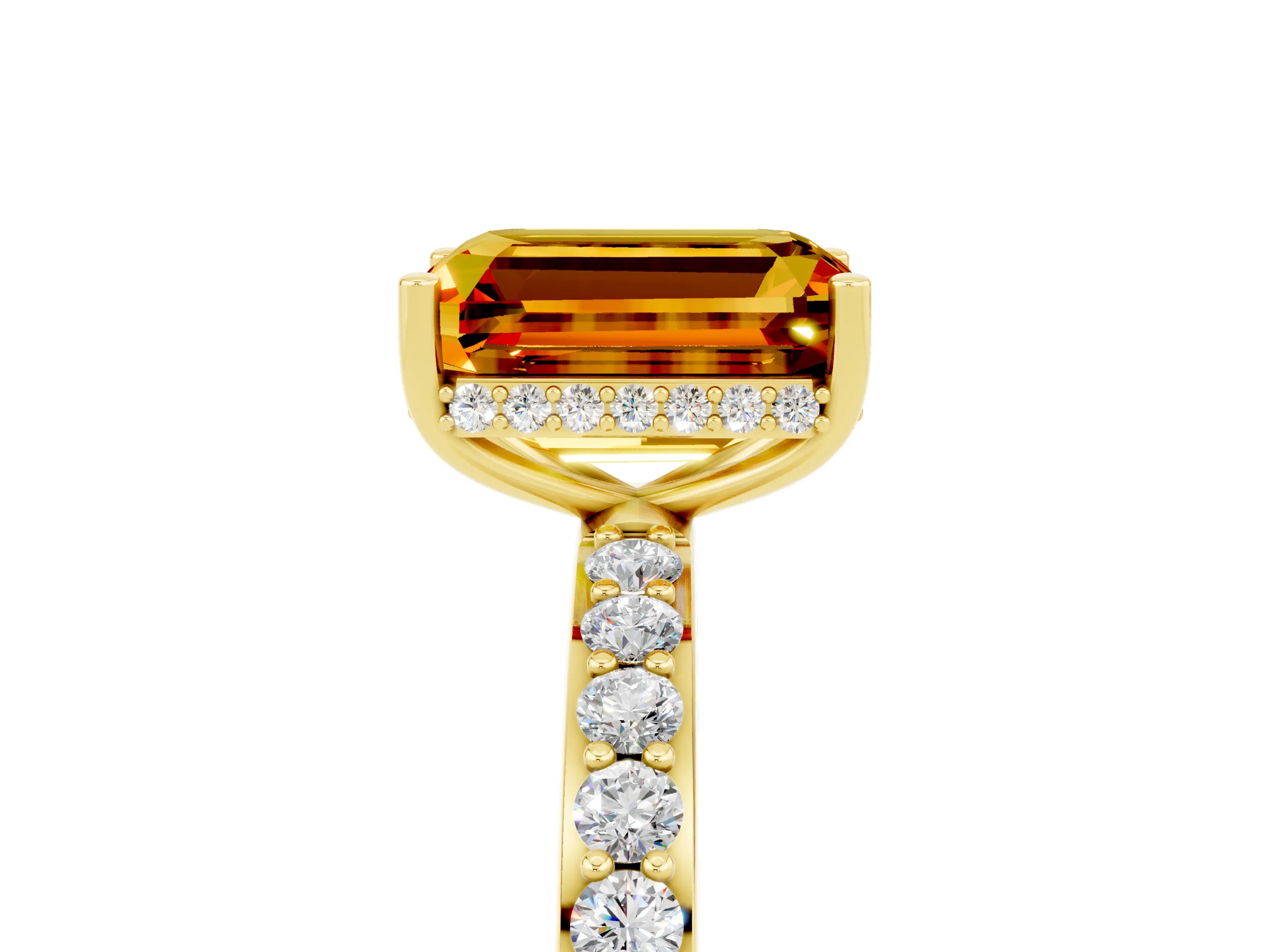 Yellow gold Emerald Cut Citrine Solitaire Ring with Pavé Band and Hidden Halo_17