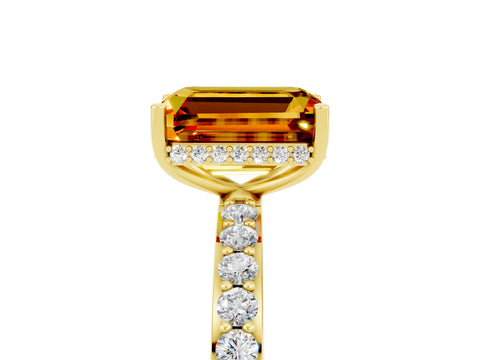 Yellow gold Emerald Cut Citrine Solitaire Ring with Pavé Band and Hidden Halo_17